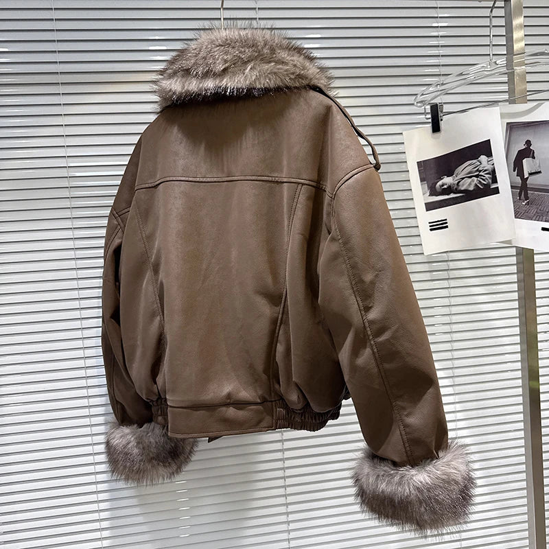 Winter New Fashion Street Style Big Fur Collar PU Leather Jacket For Women Loose With Fur Lining Coat Female 11A07643