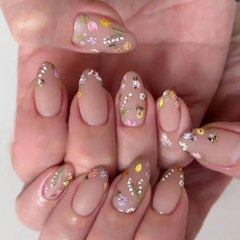24Pcs Frosted Nude Color False Nails Press on Long Almond Round Head Nails Set with Cute Flowers Design Detachable Fake Nail Tip 1935