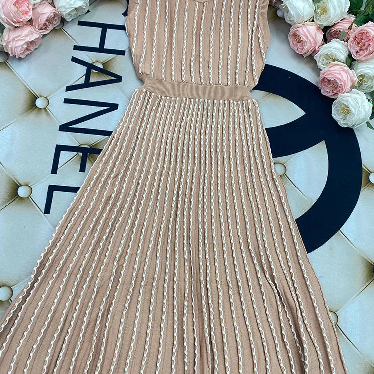 2024 New Listing Elegant Striped Knit Dress Women O-neck Sleeveless A-line Dresses Club Evening Party Midi Vestido Khaki
