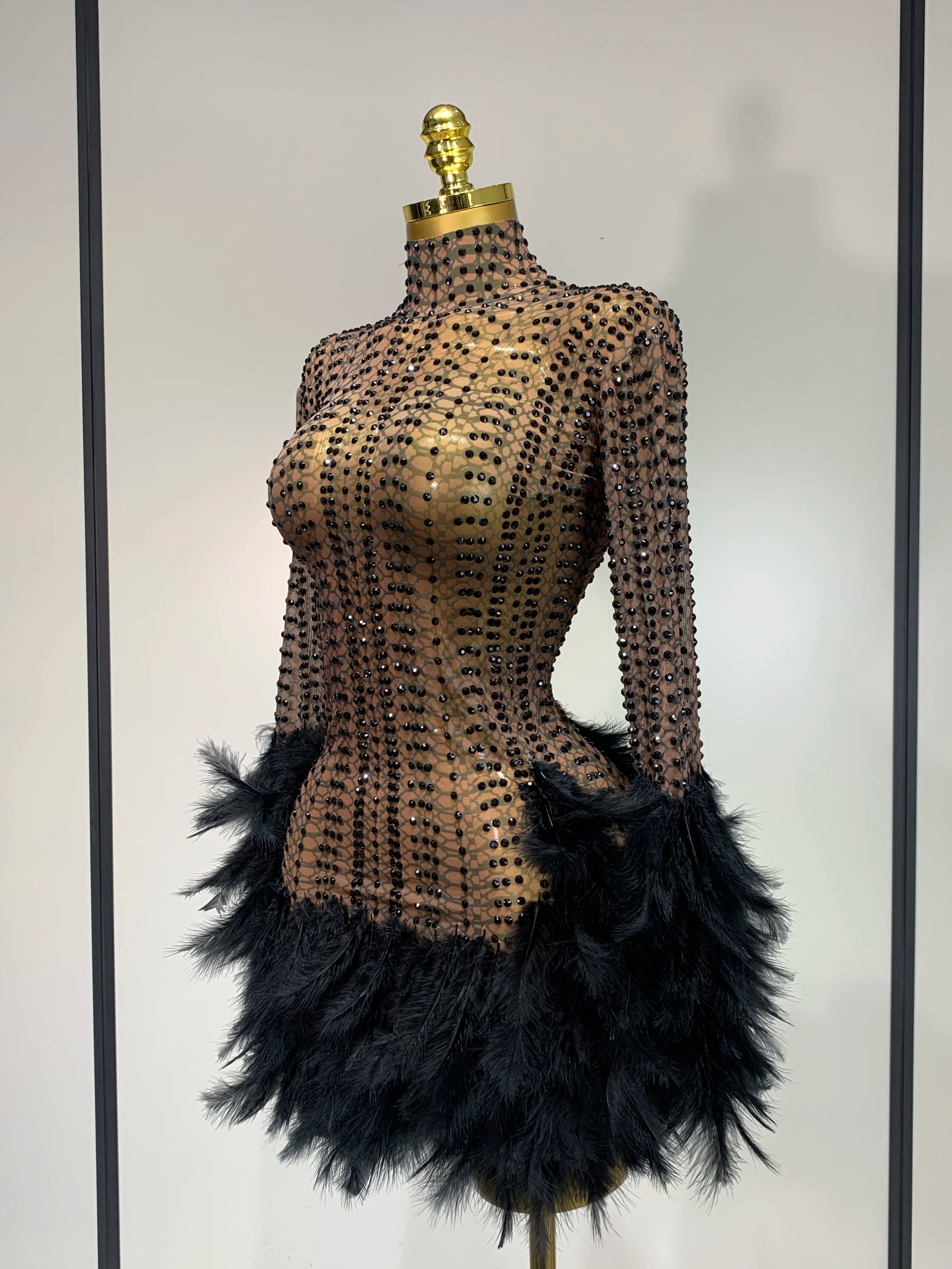 Women Luxury Birthday Dress Rhinestones Mesh Feathers Bodycon Mini Celebrity Evening Club Party Dress Nightclub Stage Outfit