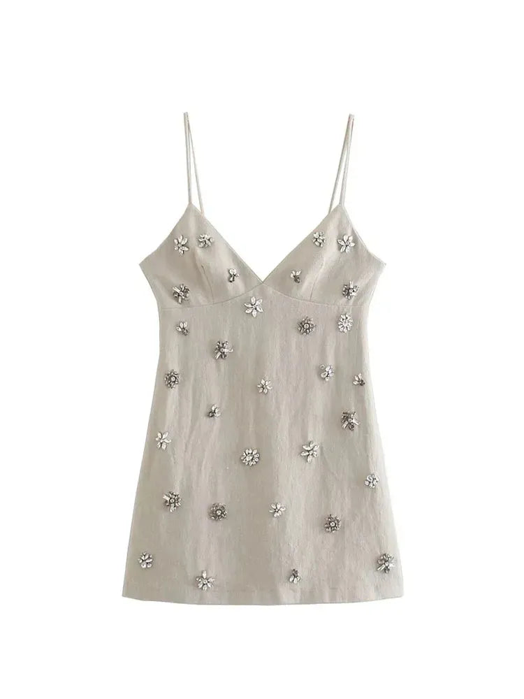 Nlzgmsj TRAF Women Chic Fashion Sleeveless Lnlay Mini Dress Vintage Thin Straps Summer Female Dresses Vestidos Mujer