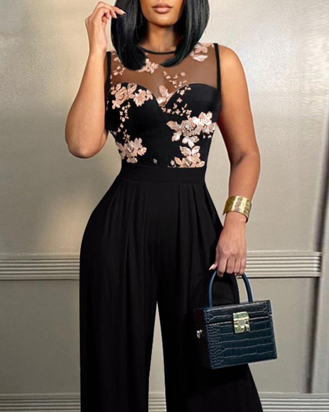 Women's Jumpsuit 2024 Spring Fashion Sexy Contrast Sequin Floral Pattern Round Neck Sleeveless Wide Leg Long Party Jumpsuit
