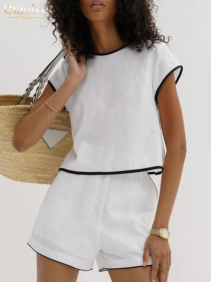 Clacive Casual Loose Blue Cotton 2 Piece Sets Women Outfit Elegant Short Sleeve Shirt With High Waist Shorts Set Female WHITE