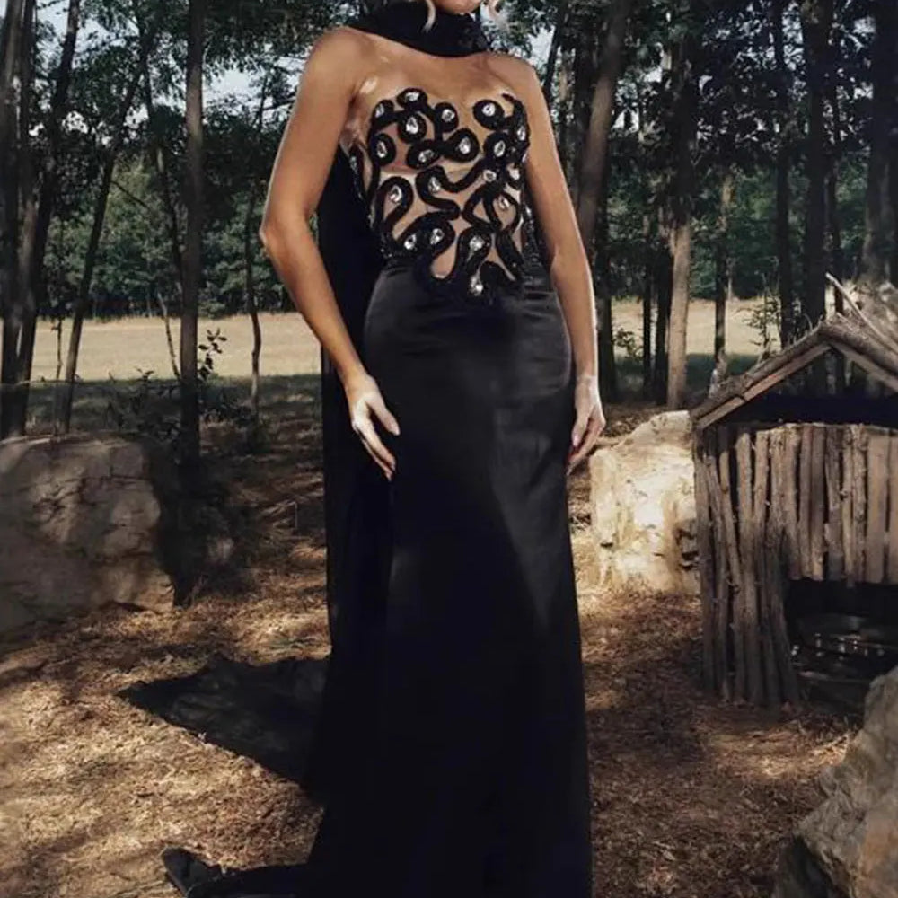 2025 Elegant Women's Light Luxury Nail Bead Patchwork Bandage Dress+Scarf Strapless Sleeveless Bodycon Long Dress Party Vestidos