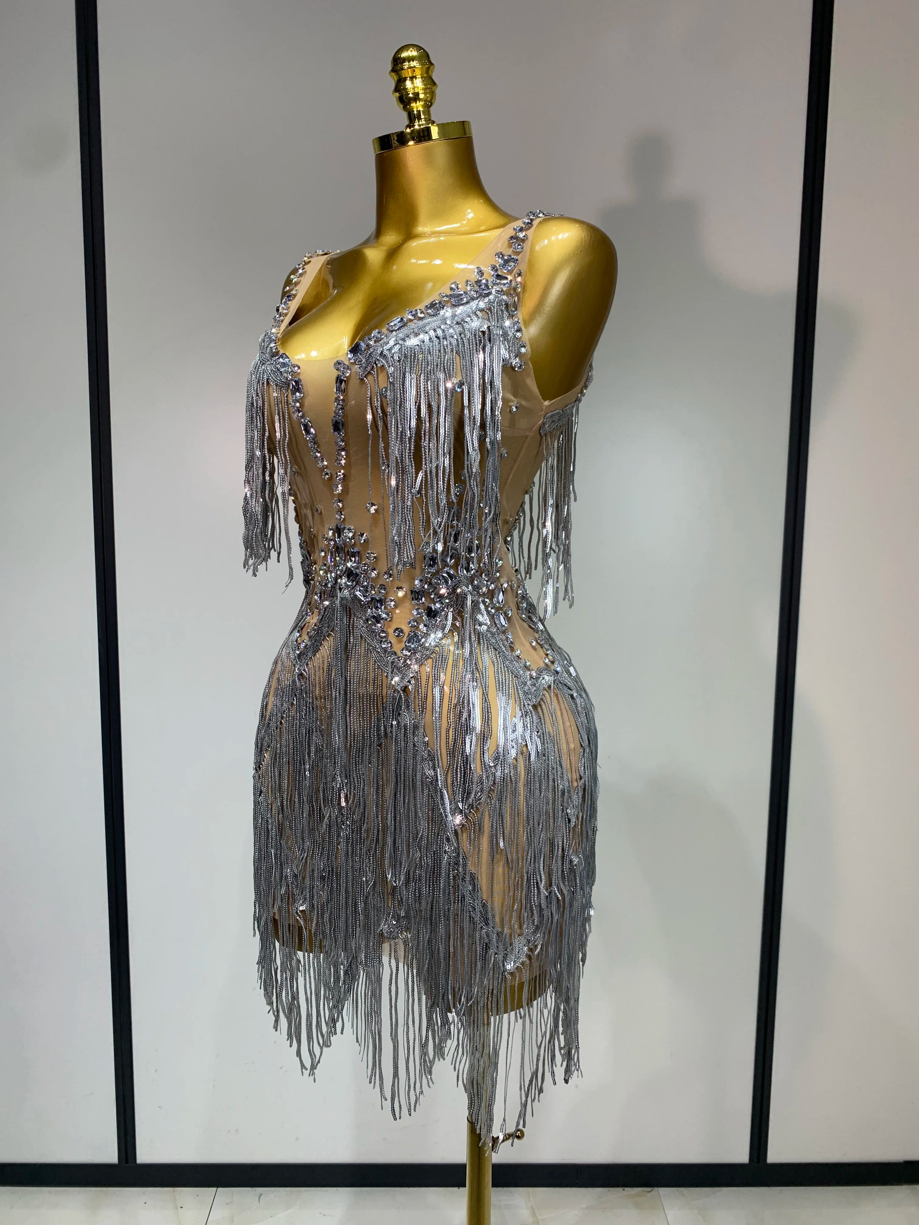 Sparkly Rhinestone Tassels Sexy Mesh See Through Dress 2025 Women Evening Party Luxury Birthday Nightclub Perform Stage Costume