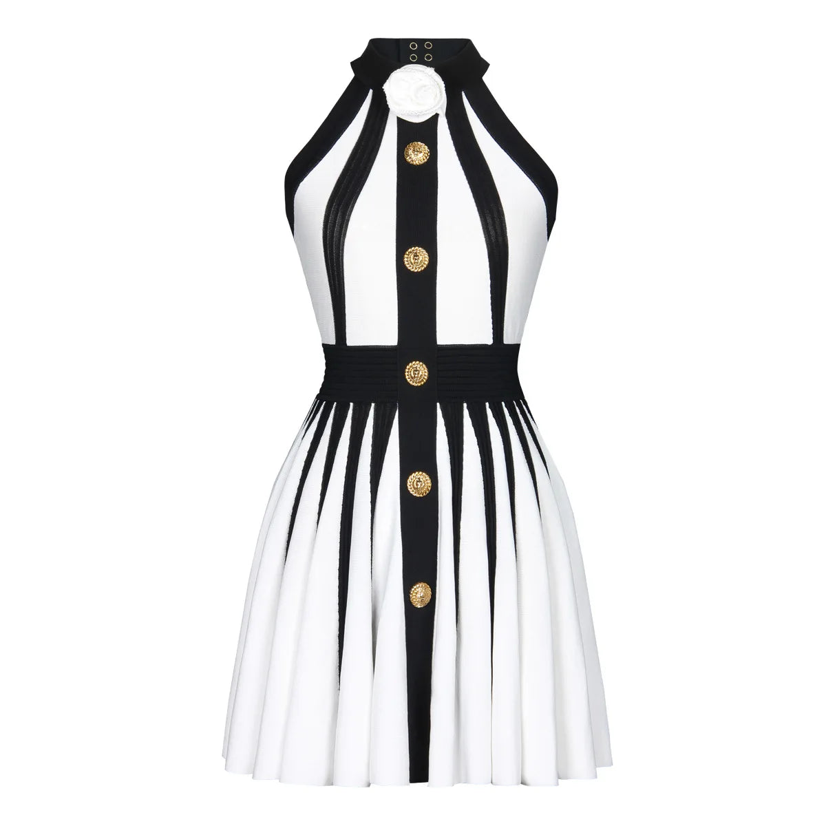 2022 New Gloden Buttons Flower Halter Sleeveless White Patchwork Black Mini Evening Dress Graceful Woman Evening Party Outfit WHITE