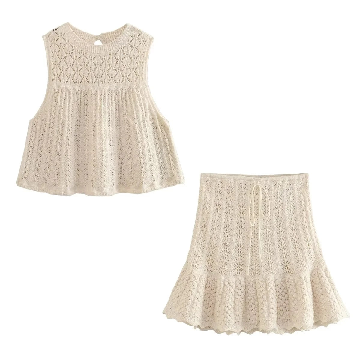 TRAF Y2K Hollow Out Knitted Women Summer 2 Piece Sets 2024 Thin Sleeveless Crop Top Female Ruffles Mini Skirt Suits set