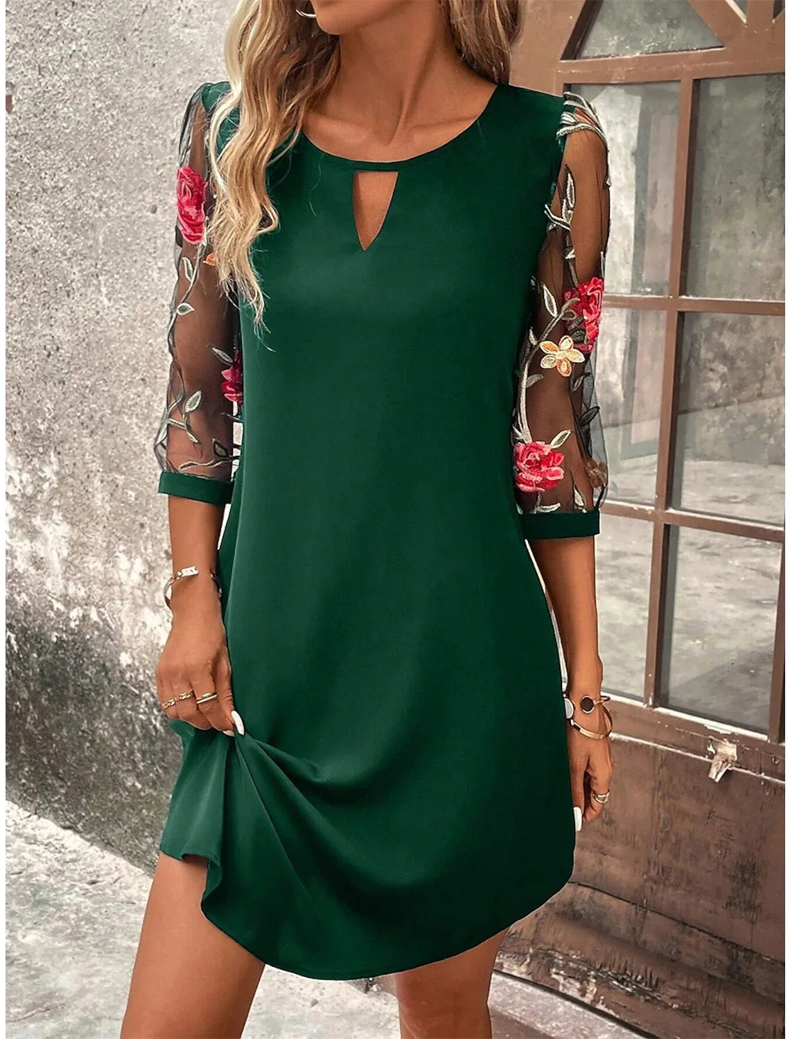Luxury Dress Women's Perspective Mid Sleeve Printed Round Neck Mini Skirt Summer Party Dress green