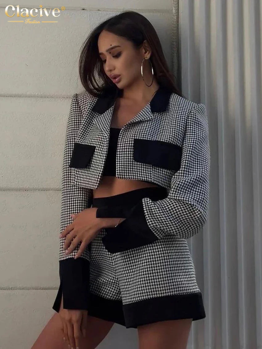 Clacive Fashion Slim Patchwork 2 Piece Sets Women Outfit 2023 Elegant Long Sleeve Crop Top With High Waist Shorts Set Streetwear black