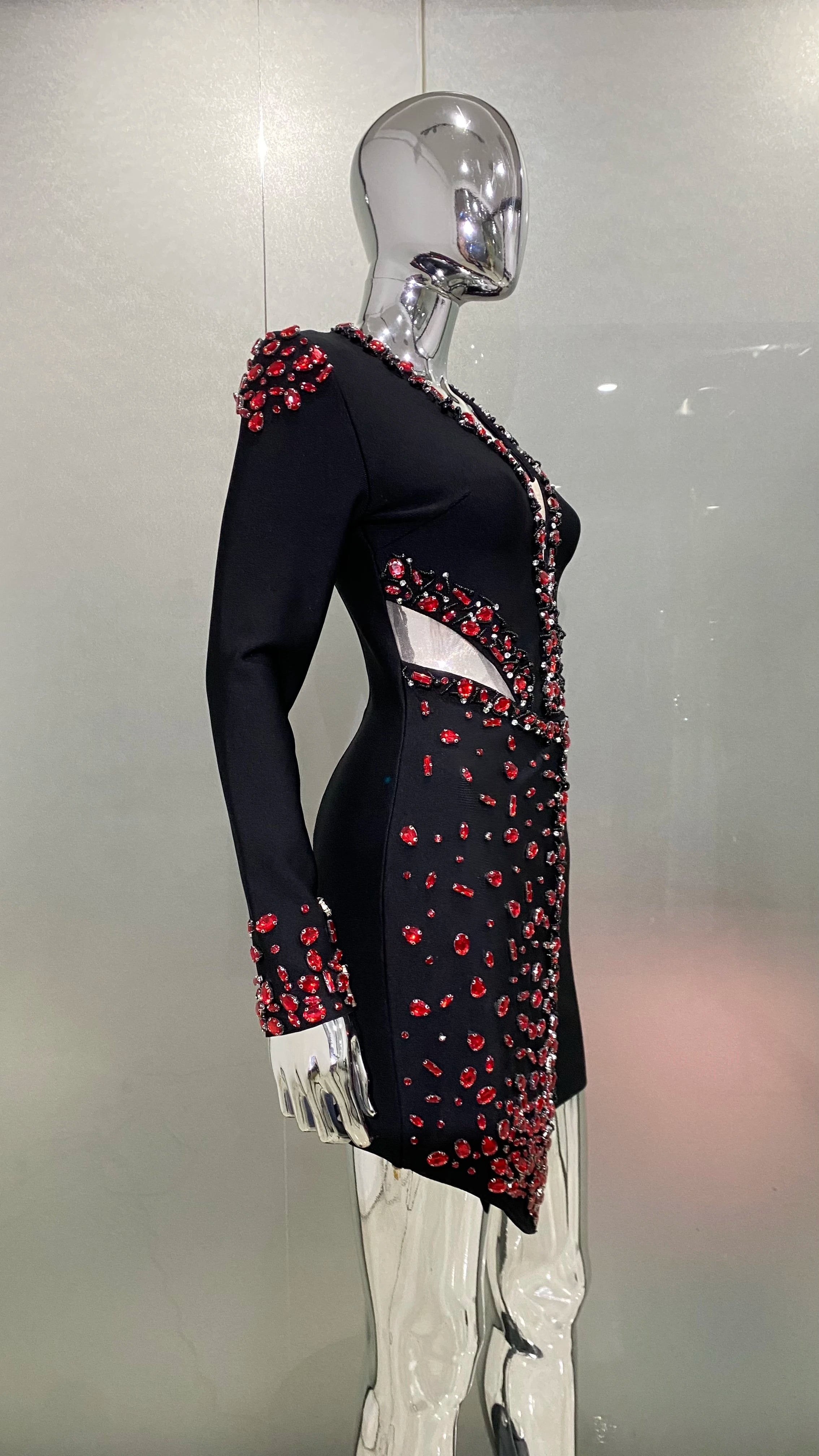 STOCK Red Diamonds Beading Sexy Hollow Out Black Mini Bandage Dress Luxury Woman Evening Party Dress Birthday Party Outfit