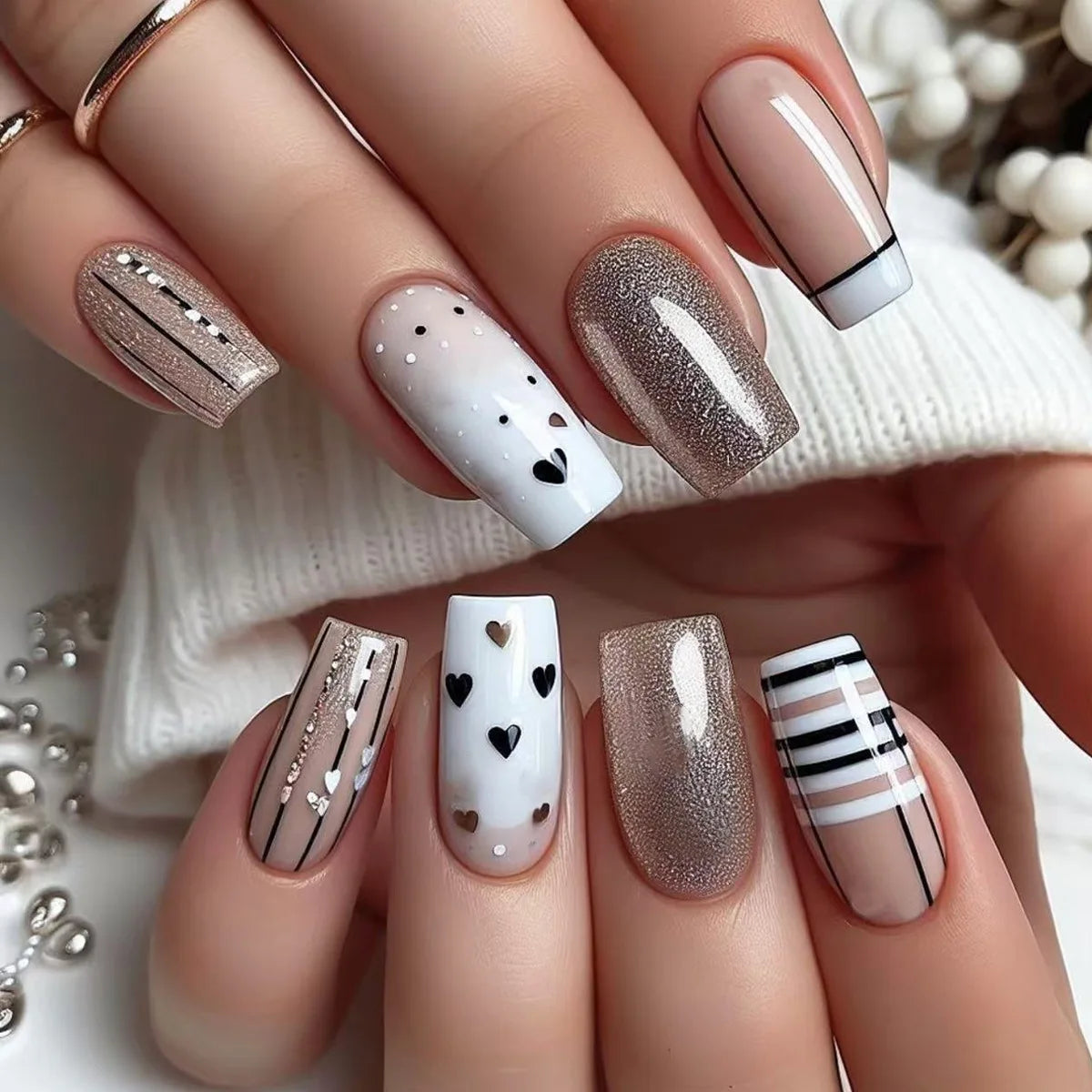 24Pcs Fashion Fake Nails Press on Long Ballet False Nails Art with Flower Design Brown Detachable Full Cover Nail Tips Manicure 26