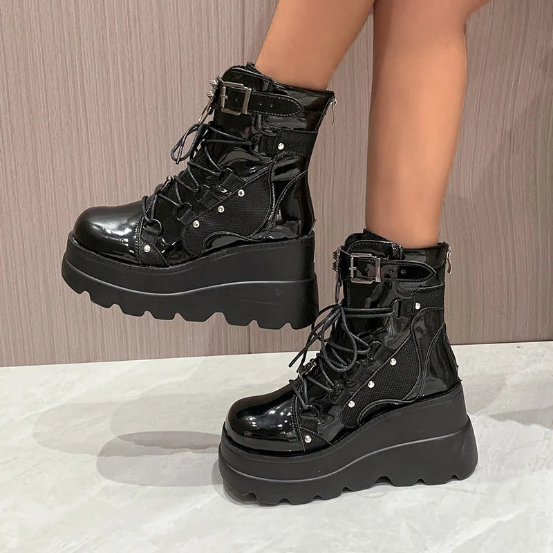 Women's Punk Style Thick-soled Wedge-heeled Knight Boots Large Size Cross-lace Thick-soled Mid-tube Women's Gothic Cowboy Boots Glossy black