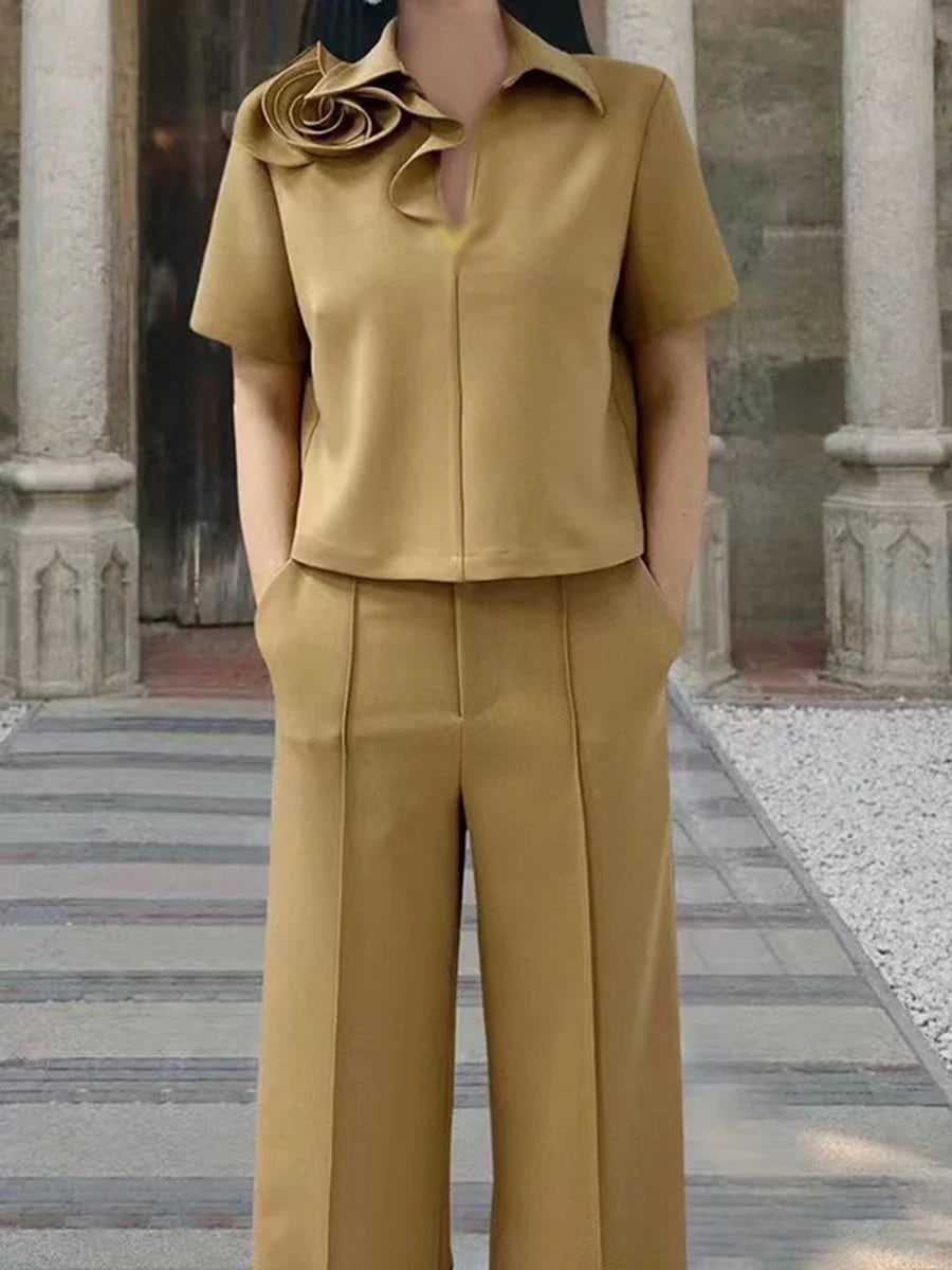 Solid Elegant Two Piece Sets for Women Lapel Short Sleeve Spliced 3D Flower Top High Waist Wide Leg Pant Set Female KHAKI