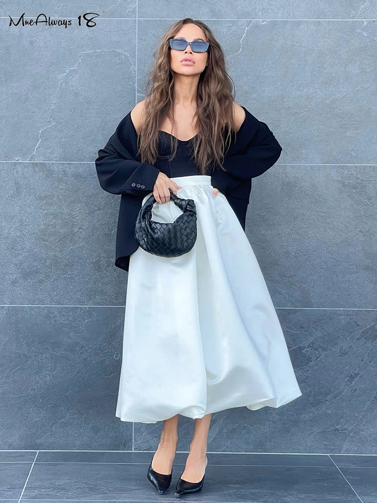 Mnealways18 Elegant Women White Ball Gown Skirts Chic Women Party High Waist Midi Skirts Spring Pleated Long Skirts Female
