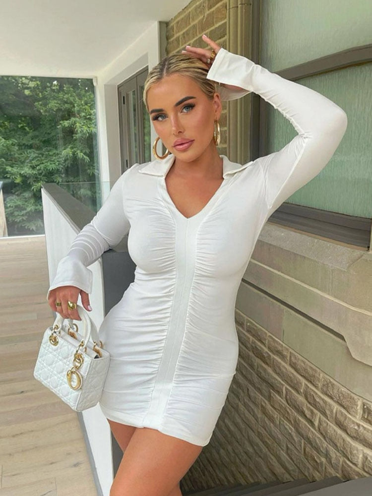 Simenual Ruched V Neck Turn Down Collar Skinny Dress Long Sleeve Fall Spring Sexy Clubwear Birthday Outfit Women Mini Dresses white