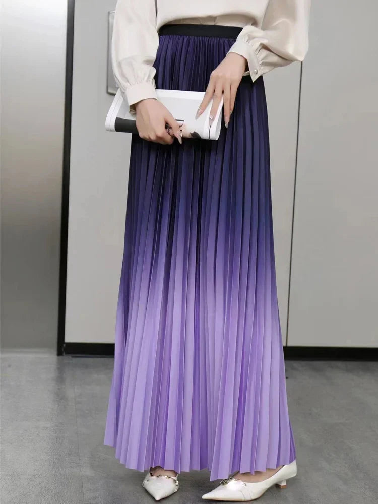 Floor-Length Long Pleated Skirt Women Gradient Color Lengthen Maxi Skirt Women Casual Patchwork Elegant Skirt Female Lavender One Size