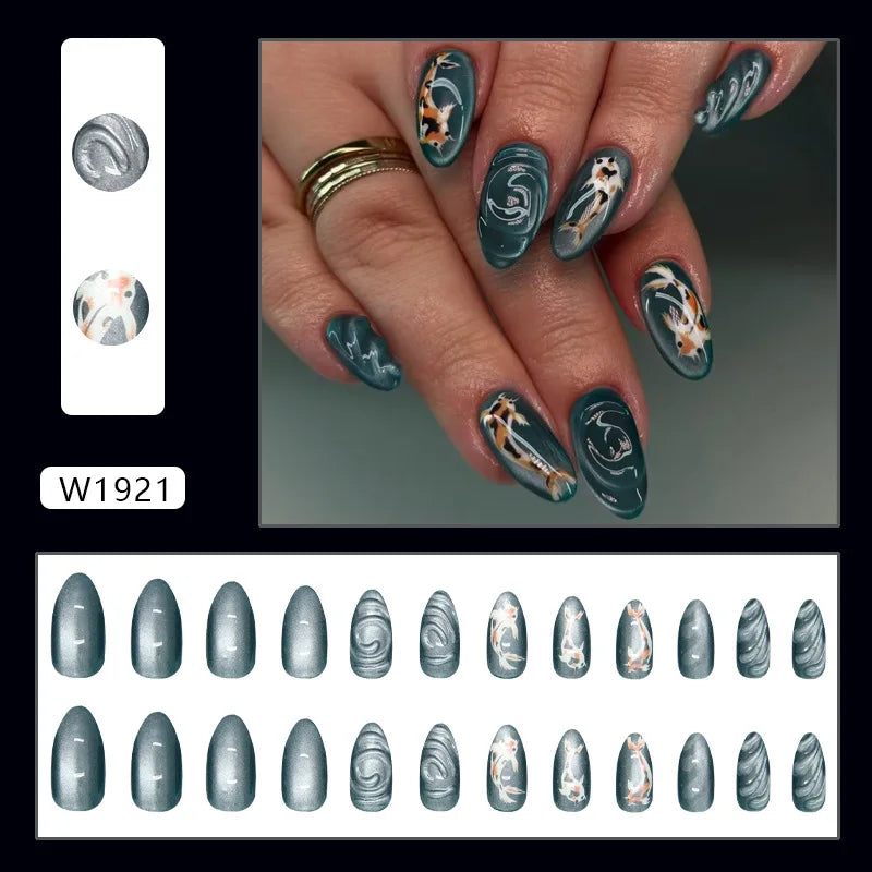 24pcs Punk Purple Press on Nails Star Moon Print y2k Style False Nails for Girl Wearable Reusable European Almond Fake Nail Tips 6