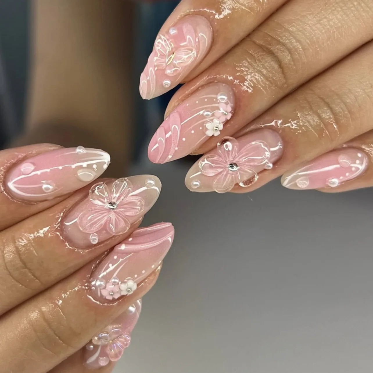 24Pcs 3D Green Ripple Design False Nails Cat's Eye French Almond Fake Nail Tips Leaves Pattern Removable Oval Press on Nails 3865