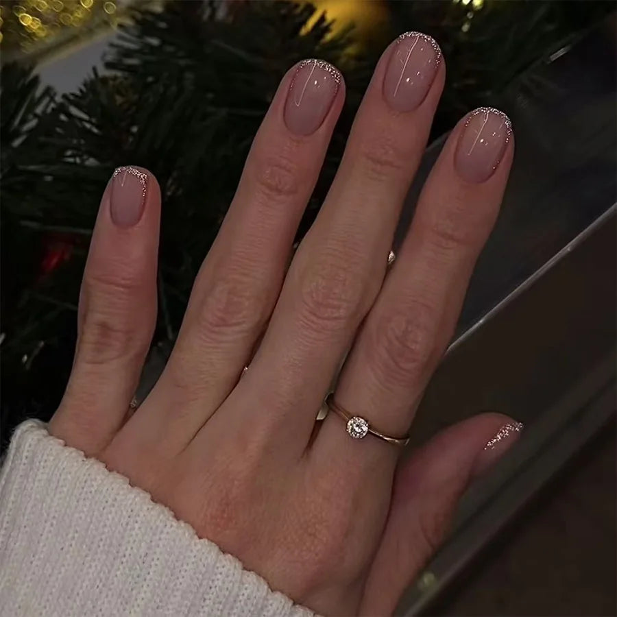 24Pcs Short False Nails with Shimmery Powder Ballet Nail Art Full Cover French Sheer Wearable Nail Manicure Tips for Girls Daily 33