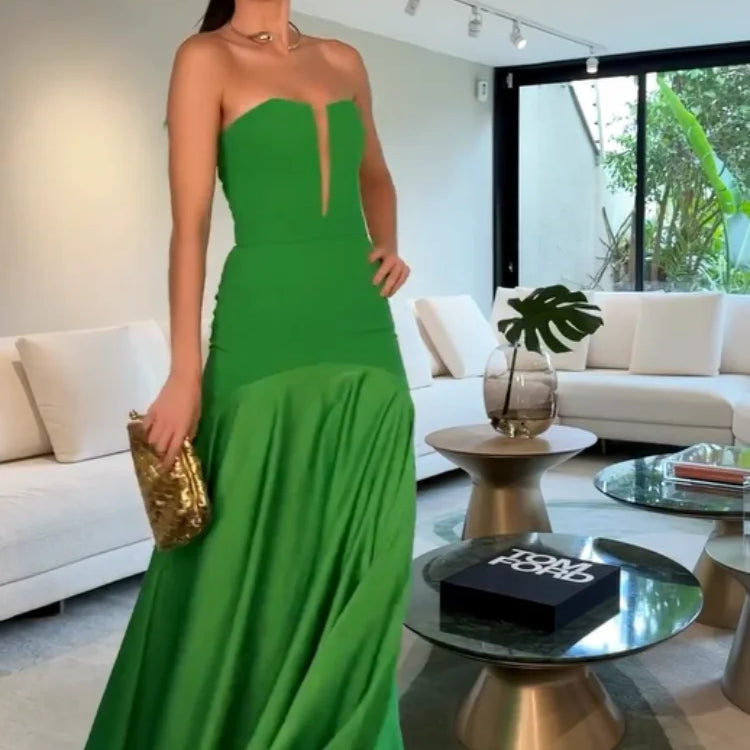 Elegant Green Patchwork Satin Long Dresses Women Fashion Off Shoulder Cut Out Pleated A-line Robe Lady Party Dresses 2025 Summer