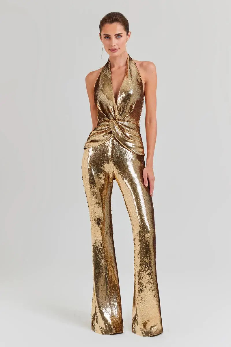 Golden Sequins Stylish Flare Pants Halter Blackless Jumpsuit Woman Fashion Party Outfit Stage Performance Costume Gold