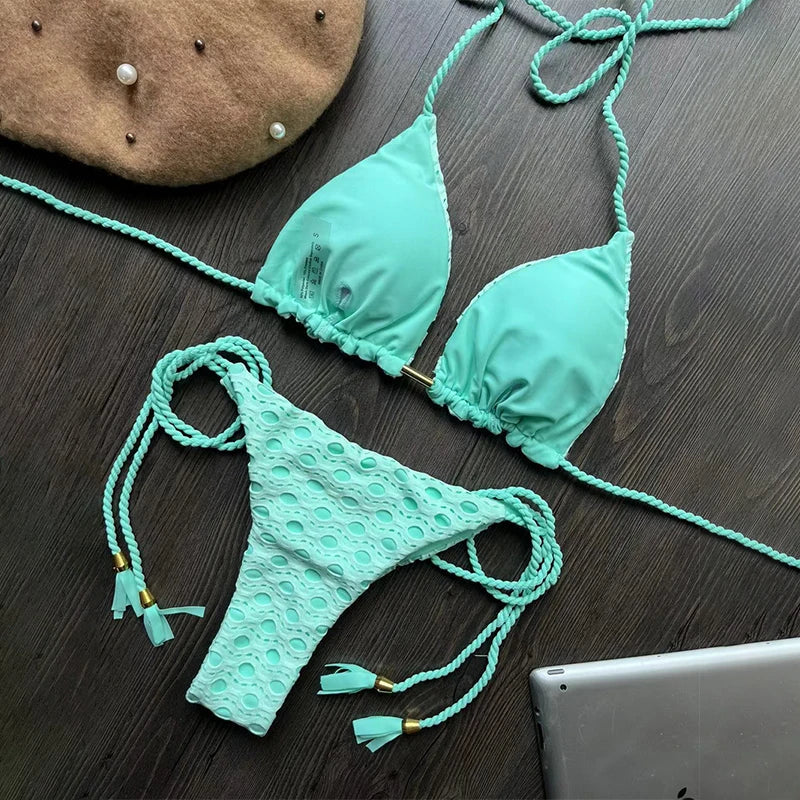Para Praia Hollow Out Bandage Swimwear Halter Bikini Set Thong Swimsuit Women Biquini Brazilian Bathing Suit Beachwear