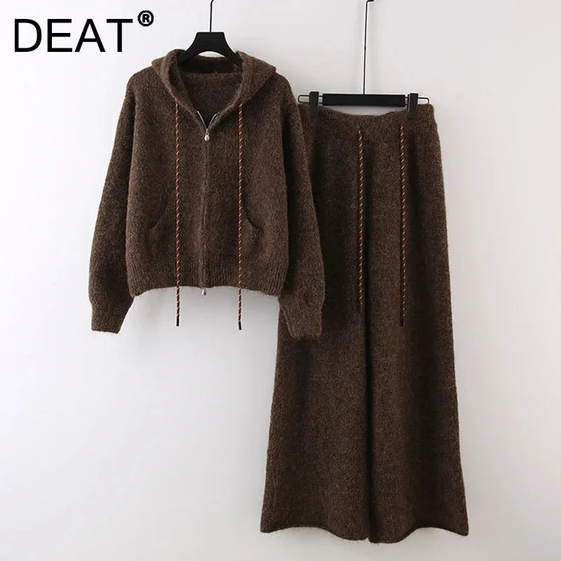 Autumn Winter New Fashion Casual Suit For Women Hooded Sweatshirt Knitted Sweater Coat Wide-Leg Long Pants 11A07839