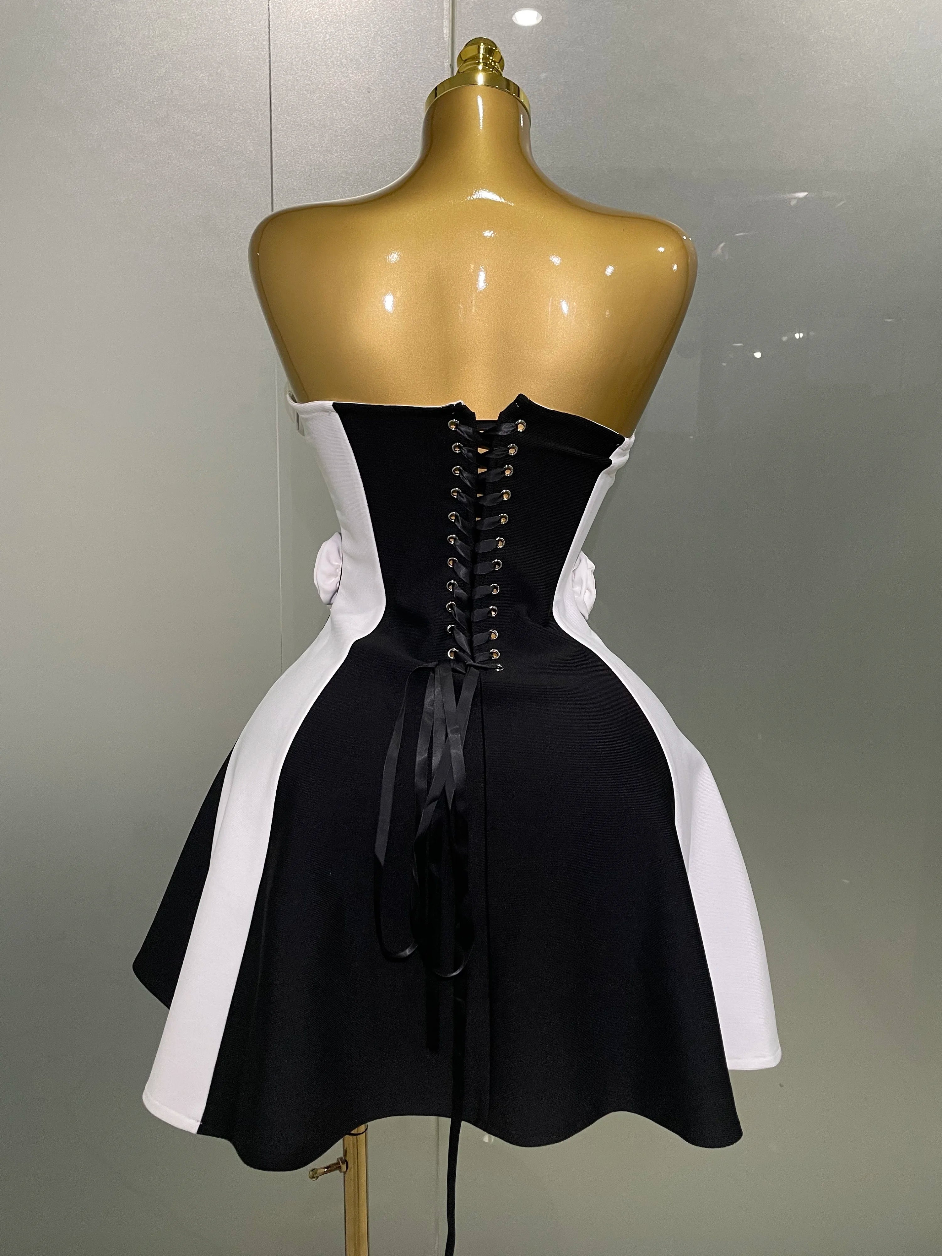 2025New Women Flower Decoration Strapless Black White Stripe Bandage Short Dress Cocktail Party Elegant Evening Club Party Dress