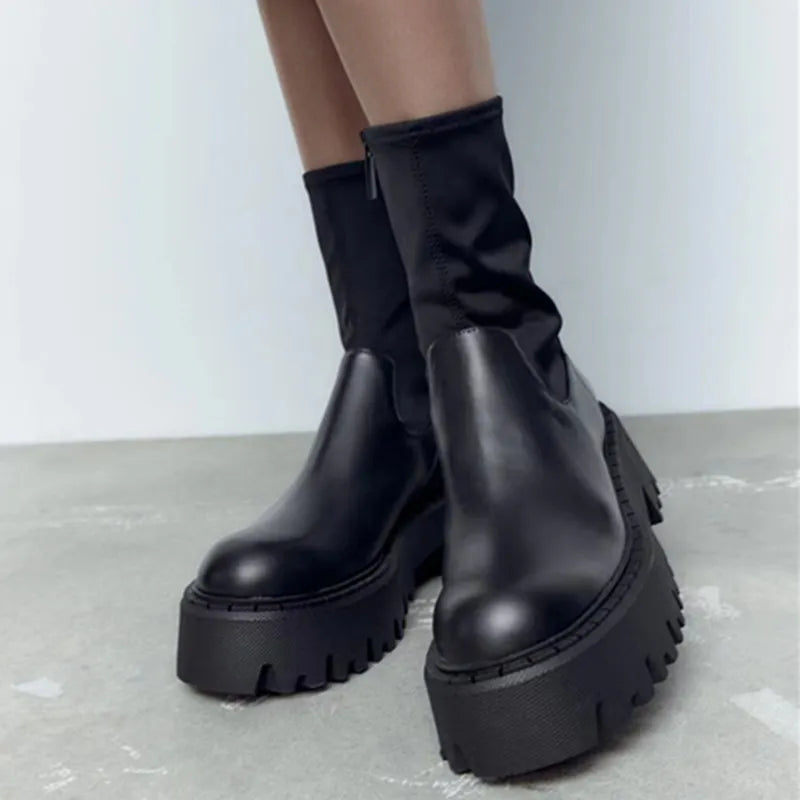 Platform Ankle Boots Shoes For Women Goth Gothic Fashion Mid Calf Ankle Women's Boots Female Winter Brand Stretch Boots