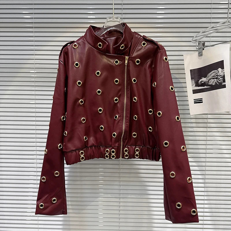 Winter New Fashion Style Metal Ring Rivet Design Heavy Leather Jacket For Women High Street Short Coat Female 11A07836