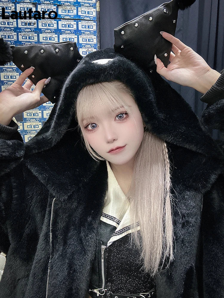 Winter Oversized Warm Thick White Faux Fur Coat Women with Hood Sweet Cute Kawaii Japanese Style Fashion Fluffy Jacket Black