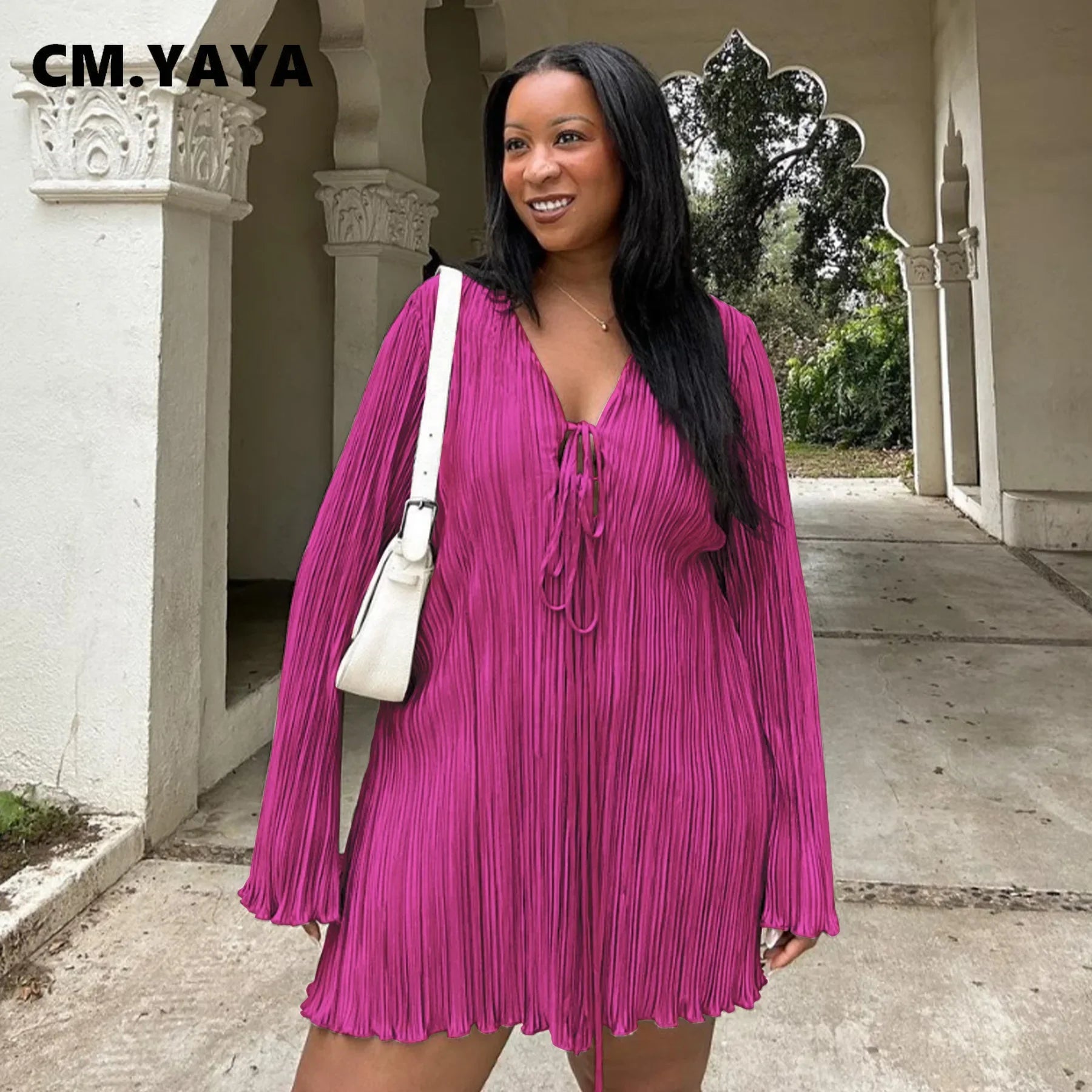 Long Sleeve Women V-neck Pleated Dress Casual Streetwear Plus Size Mini Dresses 2024 Autumn Slim Party Casual