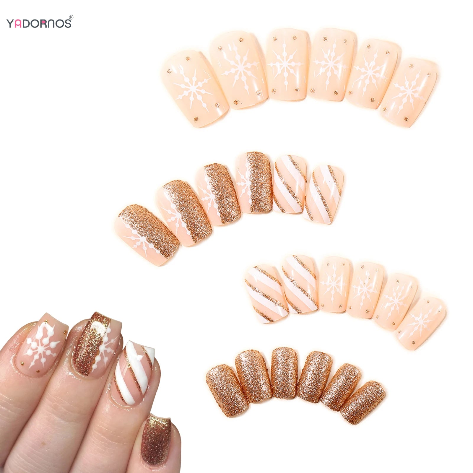 24Pcs Gold Sequins Fake Nails Nude Color Short Square Press On Nails Snowflake Printed Women Christmas Party False Nails Art