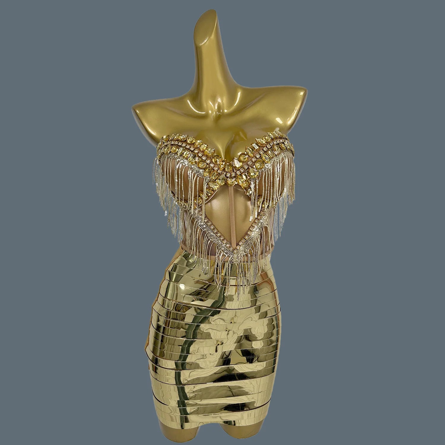 Spark Silver Rhinstones Fringes Top Skirt Set Women Sexy Strapless Designer 2-Pieces Dress Nightclub Party Stage Outfit Shengnv Gold One Size