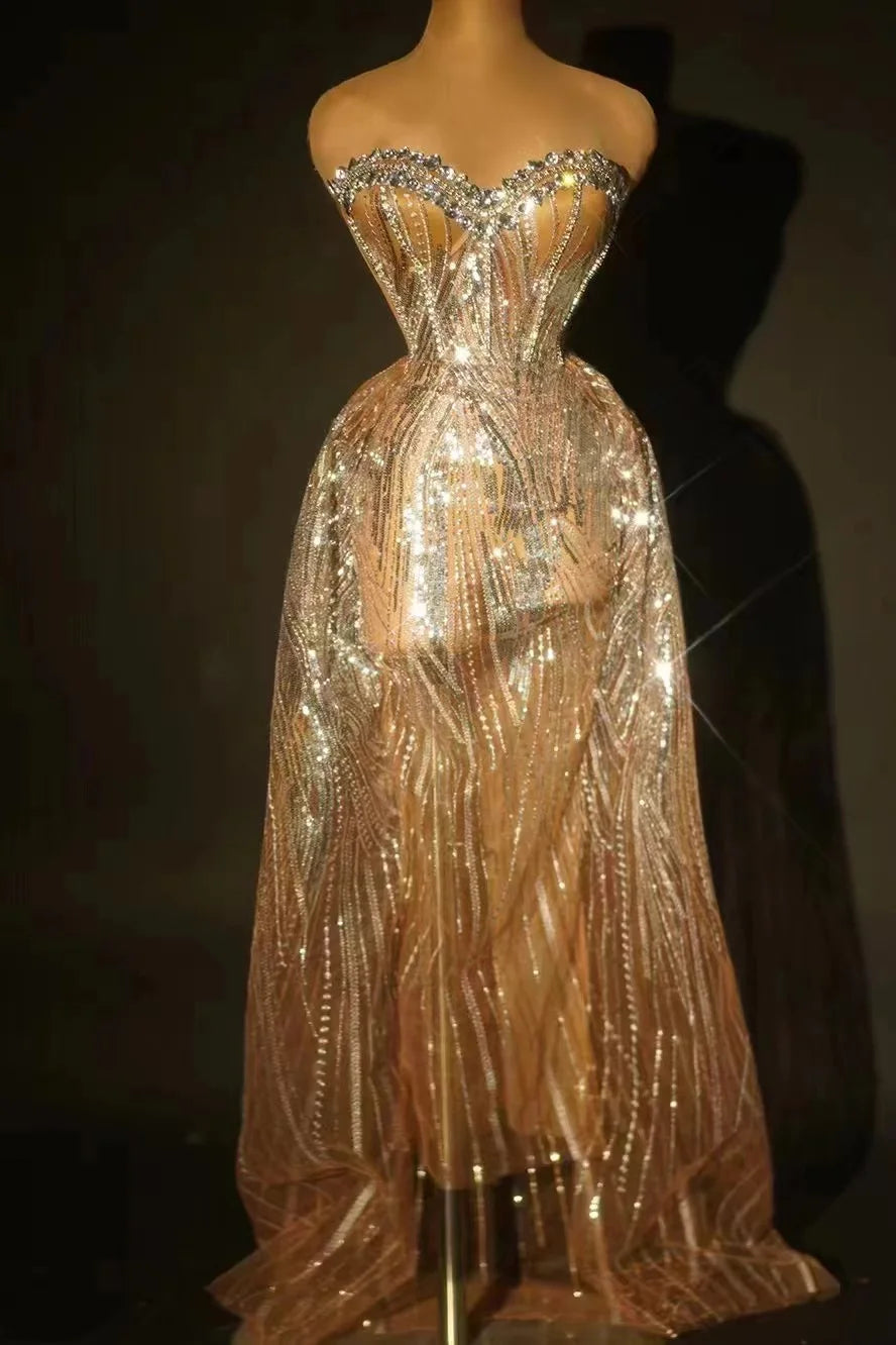 2024 Silver Sparkly Crystal Women Strapless Laced-up 2 Pieces Long Dress Celebrate Birthday Photo Shoot Performance Silver