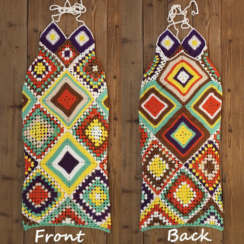 Sifreyr Handmade Crochet Knitted Maxi Dress Women Summer Halter Backless Beachwear Sundress Bohemian Multi Color Wedding Dress Multi Color