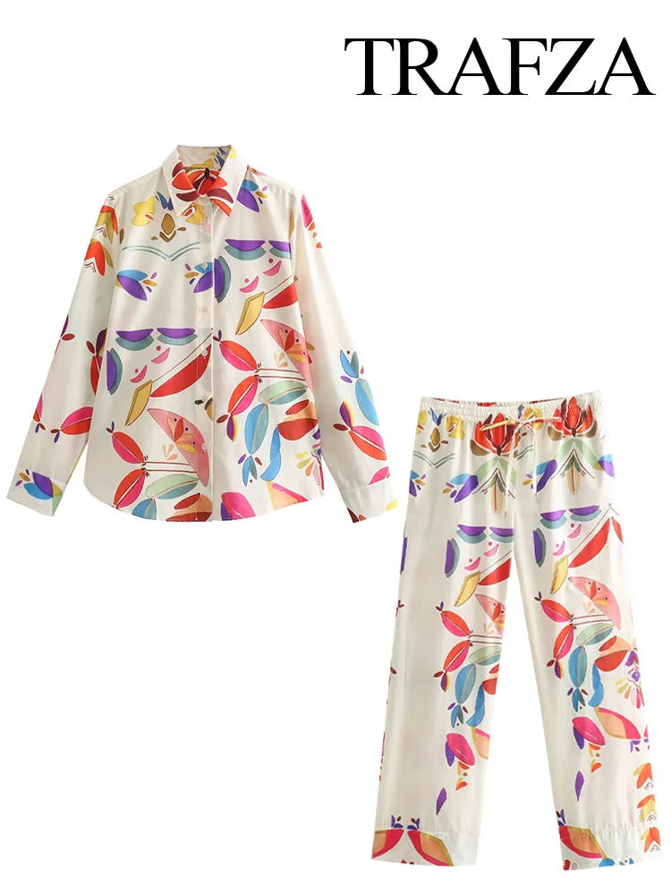 TRAFZA Women New Fashion Suit Print Turn-Down Collar Long Sleeves Buttons Single Breasted Shirts+Elastic Wais Wide Leg Pants