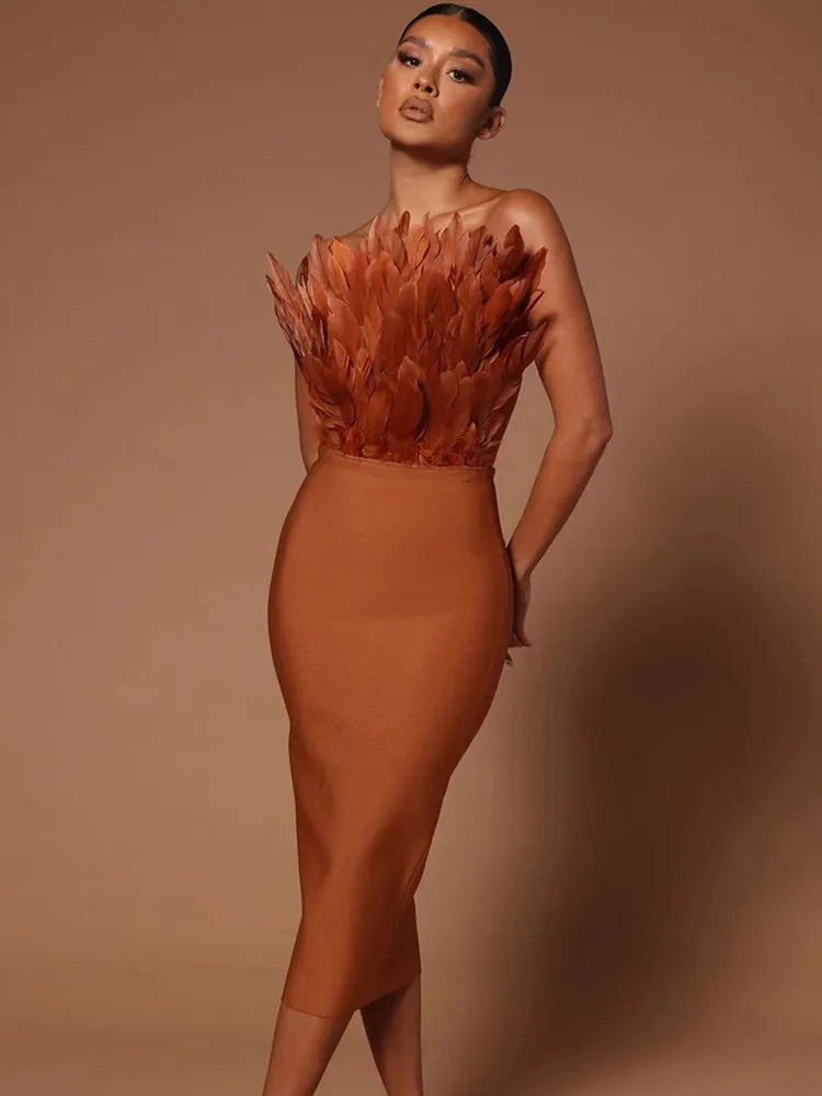 Summer Fashion Women Sexy Strapless Backless Brown Hot Pink Feather Bodycon Bandage Dress Elegant Evening Club Party Dress Brown