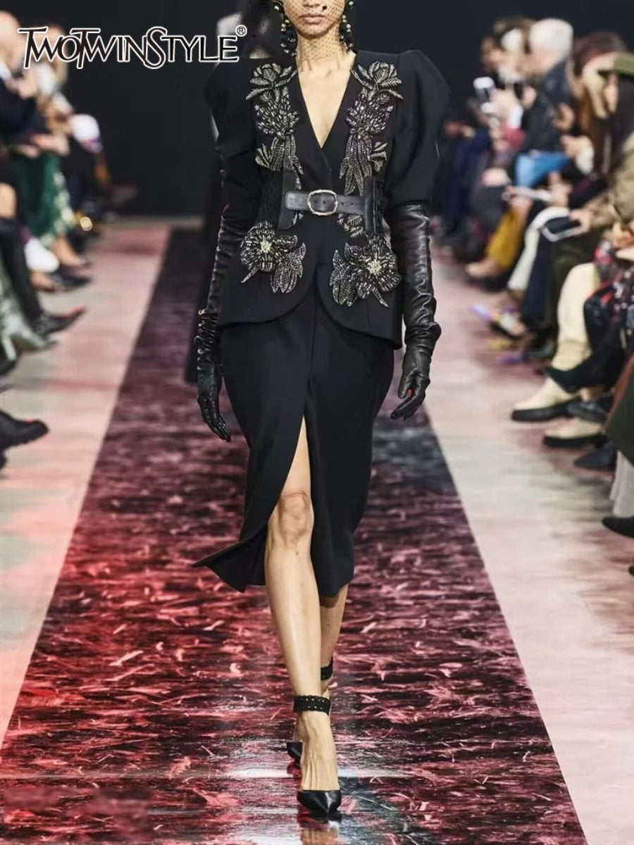 Solid Spliced Appliques Two Piece Sets for Women V Neck Long Sleeve Top High Waist Split Skirts Elegant Set Female