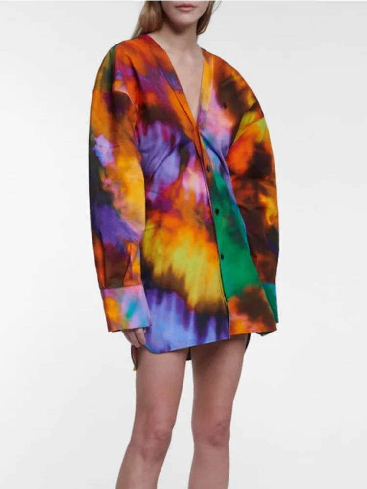 DEAT Fashion Women's Shirt Dress V-neck Loose Tie Dye Long Sleeve Single Breasted Waist Mini Dresses Spring New WR36309