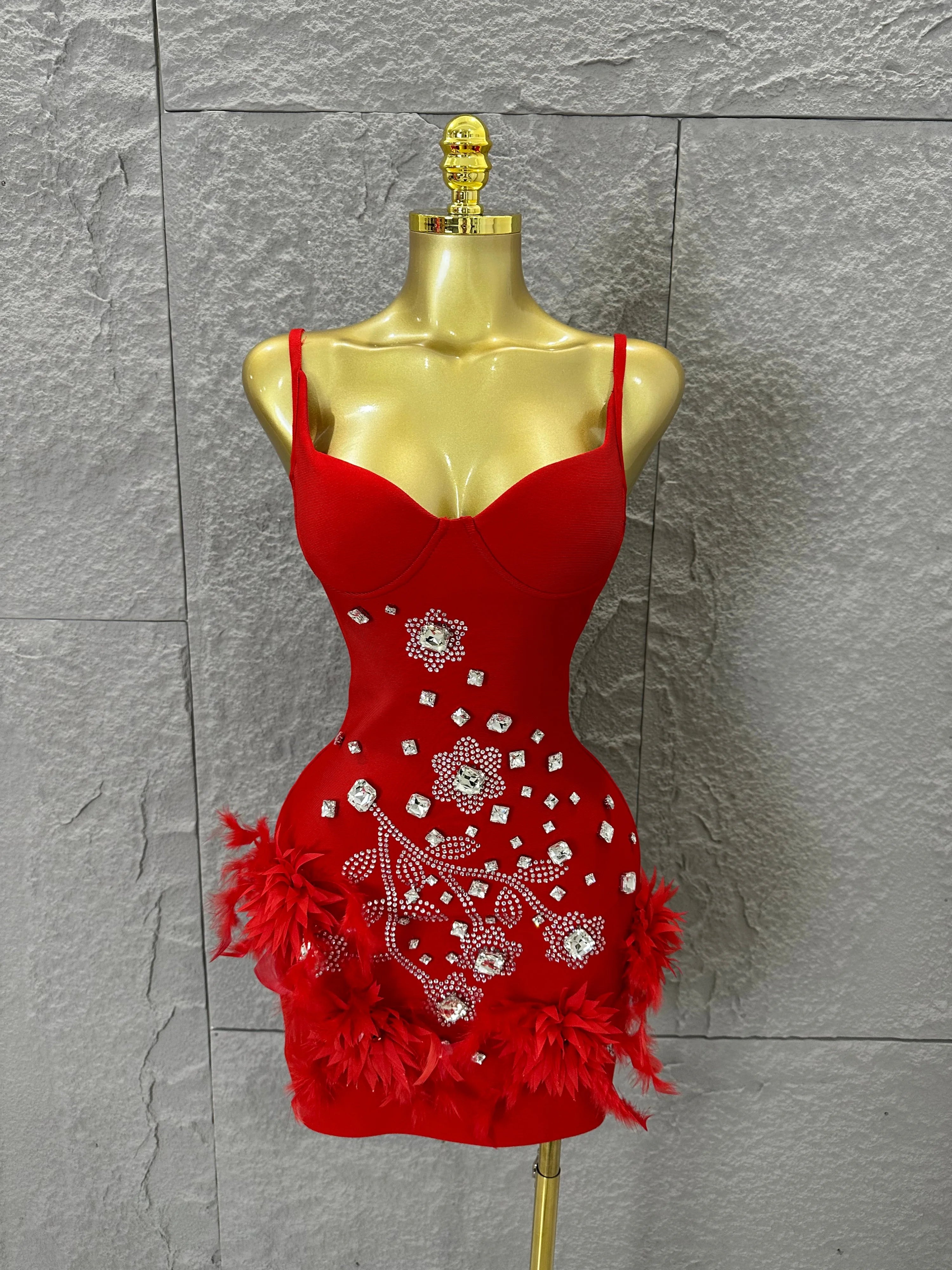 Elegant Red Spaghetti Strap Mini Dress Women Sexy Sweetheart Neck Crystal & Feather Form-Fitting Outfit Formal Event Costume