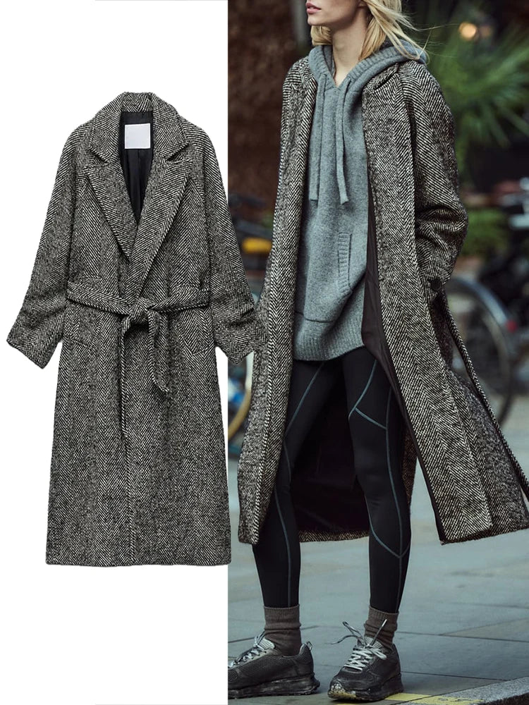 Women's Warm Windbreaker Fall And Winter New Retro Long-Sleeved Classic Jacket Herringbone Twill With Belt Windbreaker