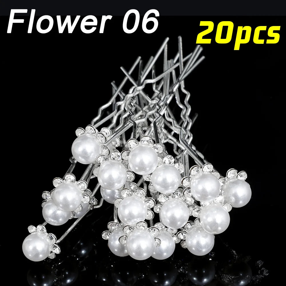 20pcs Pearl Crystal Hairpin Elegant Wedding Bridal U-shaped Metal Hair Comb Forks for Women Hairstyle Clips Jewelry Accessories Flower 06
