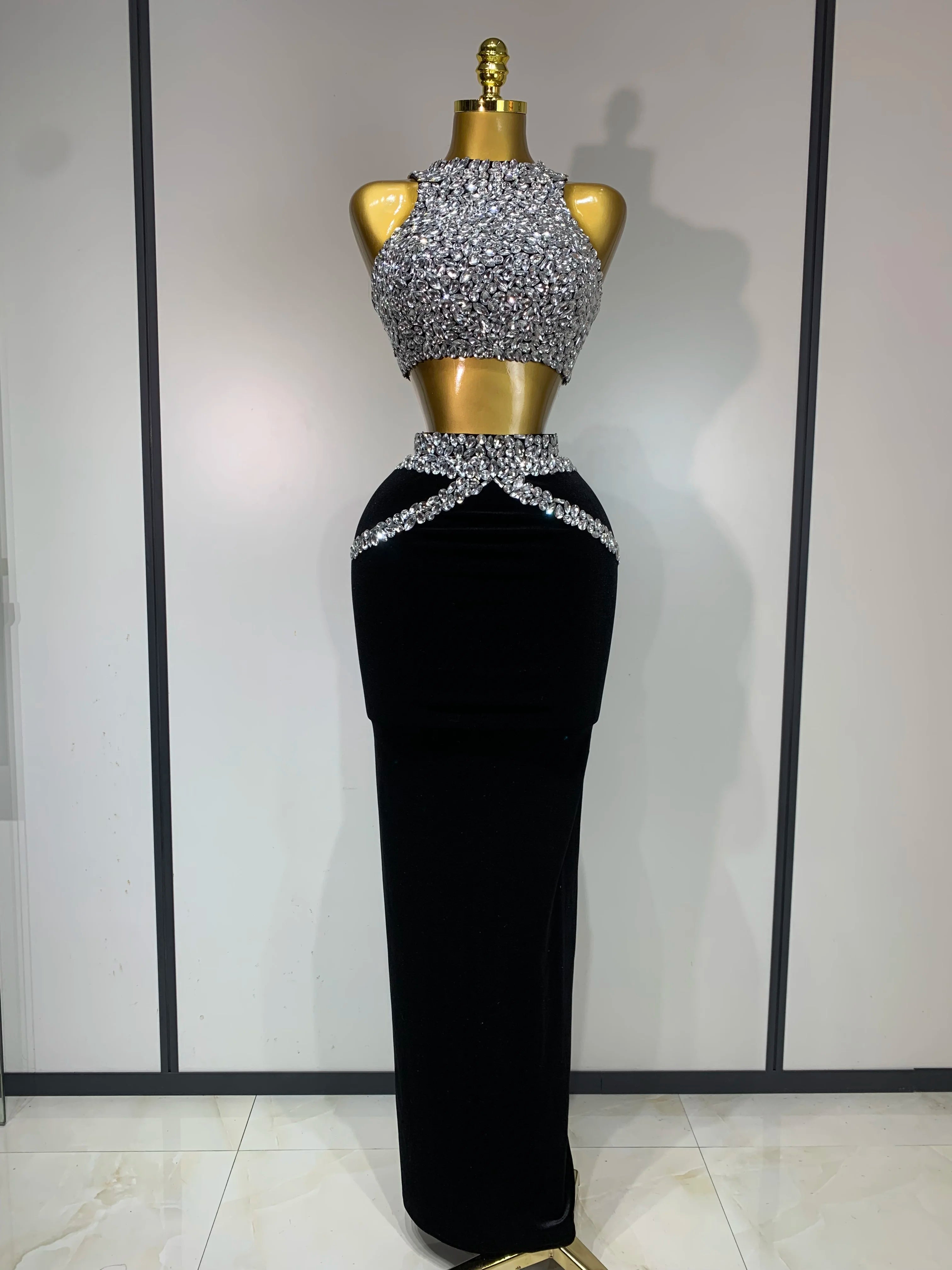 Sparkly Crystal Bodycon Long Dress 2025 Women Sexy Crop Top 2 Pieces Set Nightclub Elegant Party Performance Stage Costume black