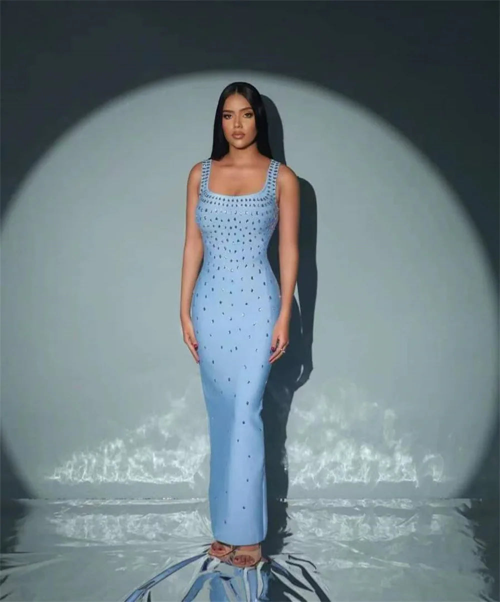 Black Skyblue Women Sleeveless Sexy O-neck Shinning Crystal Bodycon Bandage Long Dress Celebraate Nigthclub Party Outfit SKY BLUE