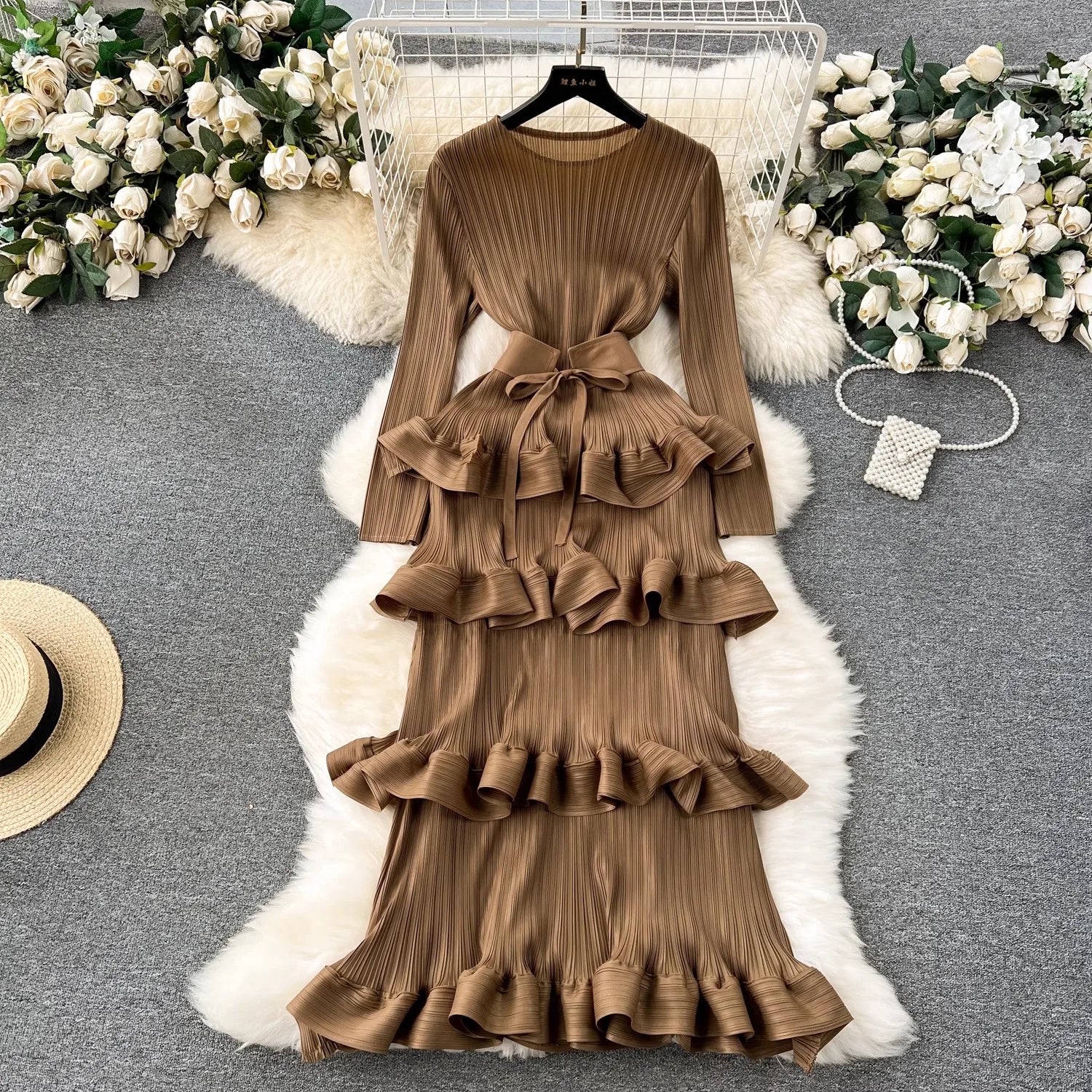 Miyake Multi-layer Cascading Pleated Dress Women O Neck Long Sleeve Solid Color Ruffles Cake Belt Dress Female Party Clothing Khaki One Size