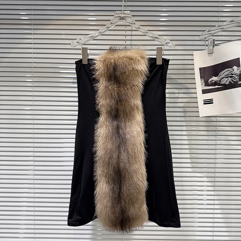 Winter New Fashion Furry Patchwork PU Leather Zipper Strapless Dress For Women Evening Party Backless Dresses 11A07577 Black