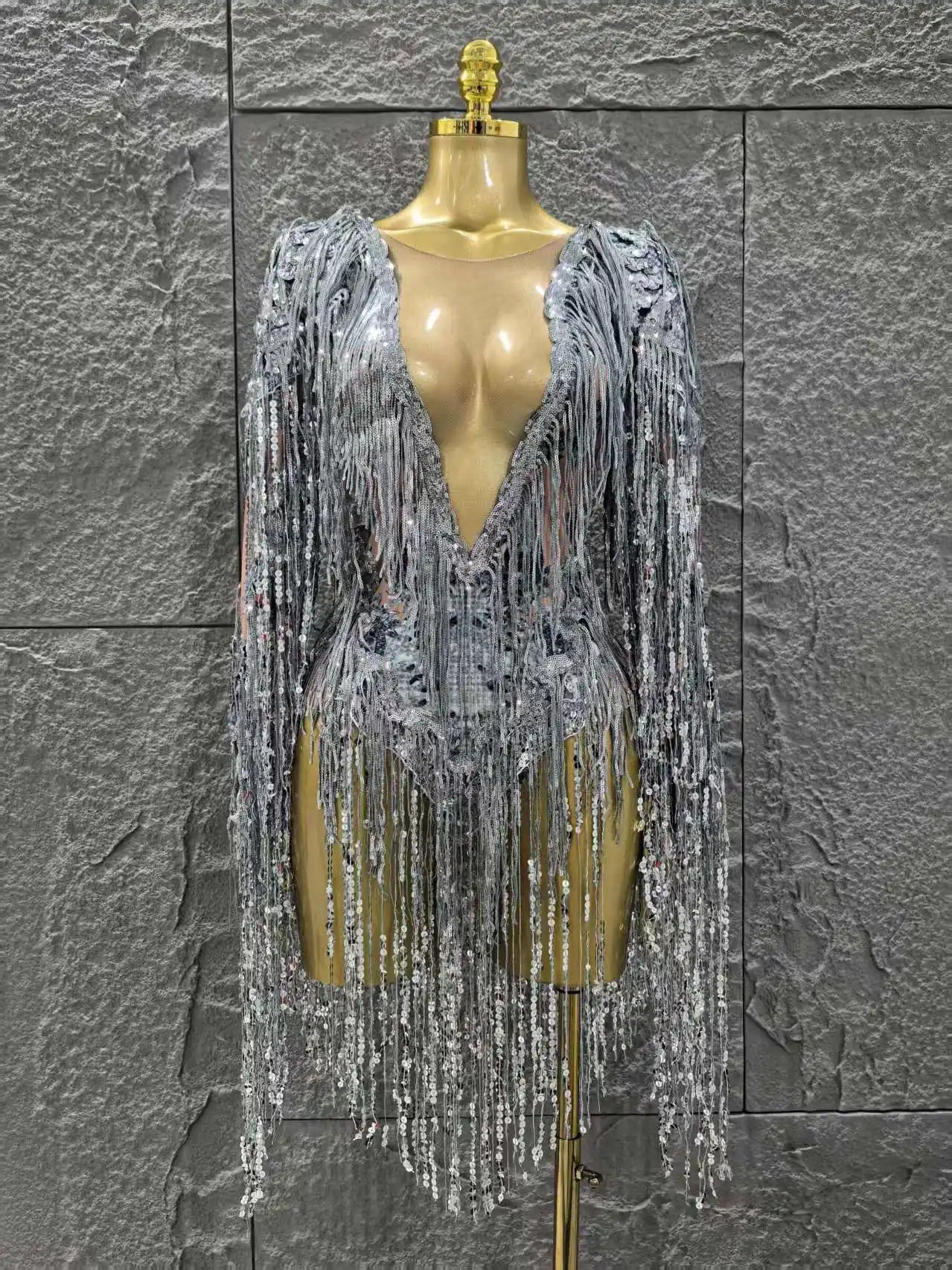 STOCK Women Long Sleeve Sexy V-Neck Bodycon Bodysuit Shinning Sequin Tassel Celebrate Bar Dancer Performance Costume Stage Wear