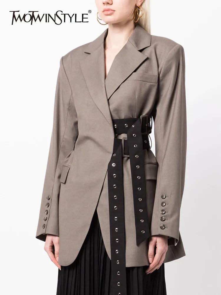 Patchwork Belt Chic Blazer For Women Notched Collar Long Sleeve Spliced Pocket Temperament Blazers Female Fashion