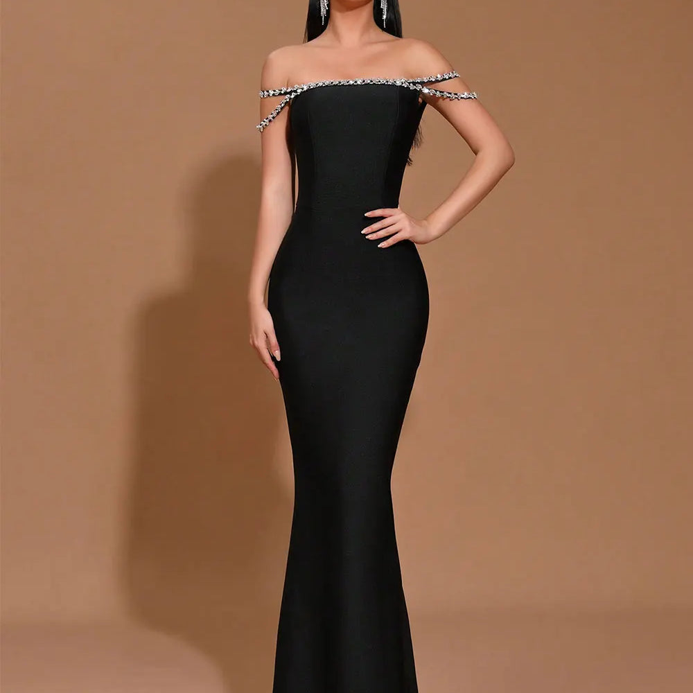 2025 Elegant Women's Spaghetti Strap Nail Diamond Design Bandage Dress Bodycon Backless Long Dress Fashion Dinner Party Vestidos black